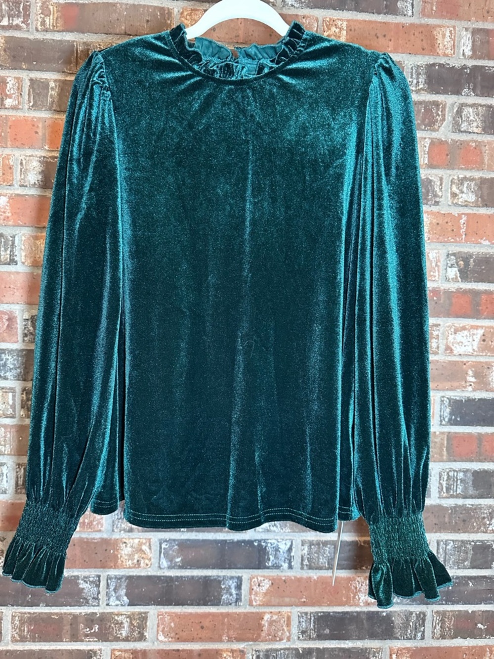 Cupshe Emerald Green Velvet Ruffle-Neck Long Sleeve Top